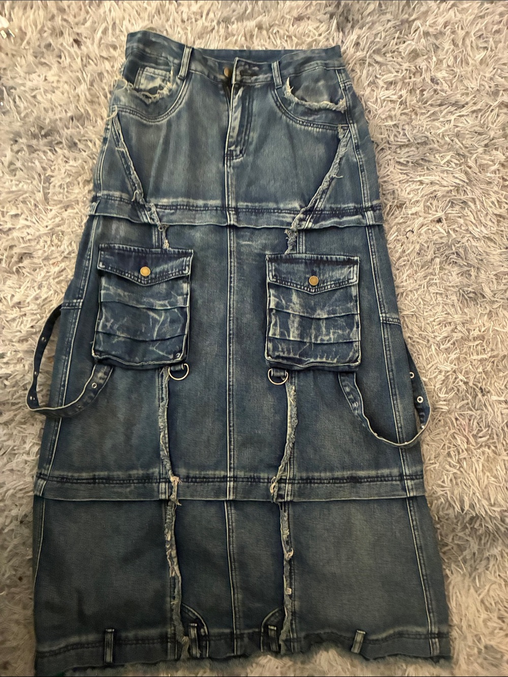 Denim Cargo Patchwork Maxi Skirt - Blue